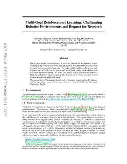Multi-Goal Reinforcement Learning: Challenging Robotics Environments and
  Request for Research