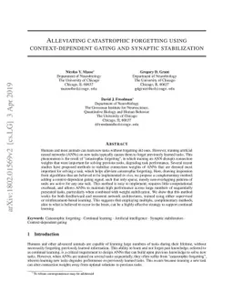 Alleviating catastrophic forgetting using context-dependent gating and
  synaptic stabilization