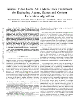 General Video Game AI: a Multi-Track Framework for Evaluating Agents,
  Games and Content Generation Algorithms