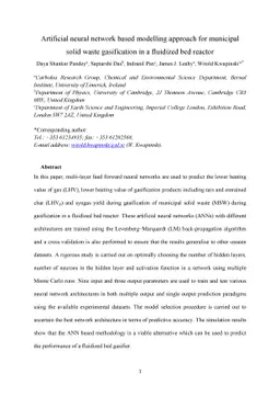 Artificial neural network based modelling approach for municipal solid
  waste gasification in a fluidized bed reactor