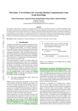 MCScript: A Novel Dataset for Assessing Machine Comprehension Using
  Script Knowledge