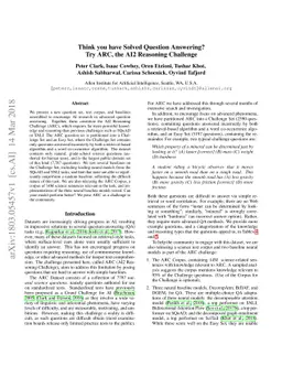 Think you have Solved Question Answering? Try ARC, the AI2 Reasoning
  Challenge