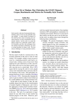 Dear Sir or Madam, May I introduce the GYAFC Dataset: Corpus, Benchmarks
  and Metrics for Formality Style Transfer