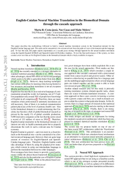 English-Catalan Neural Machine Translation in the Biomedical Domain
  through the cascade approach