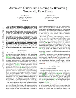 Automated Curriculum Learning by Rewarding Temporally Rare Events