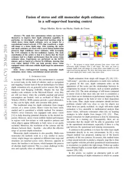 Fusion of stereo and still monocular depth estimates in a
  self-supervised learning context