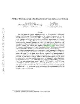 Online learning over a finite action set with limited switching