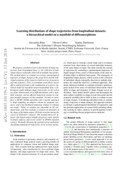 Learning distributions of shape trajectories from longitudinal datasets:
  a hierarchical model on a manifold of diffeomorphisms