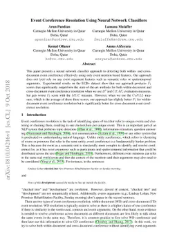 Event Coreference Resolution Using Neural Network Classifiers