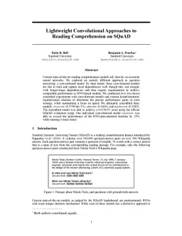 Lightweight Convolutional Approaches to Reading Comprehension on SQuAD