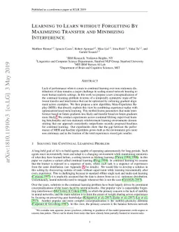 Learning to Learn without Forgetting by Maximizing Transfer and
  Minimizing Interference