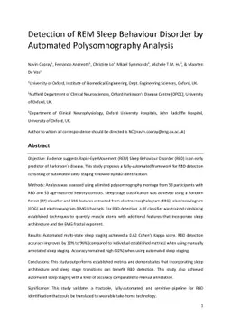 Detection of REM Sleep Behaviour Disorder by Automated Polysomnography
  Analysis