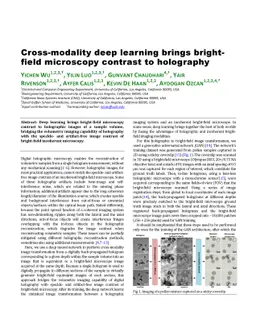 Cross-modality deep learning brings bright-field microscopy contrast to
  holography
