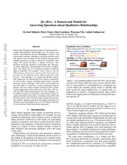 QuaRel: A Dataset and Models for Answering Questions about Qualitative
  Relationships