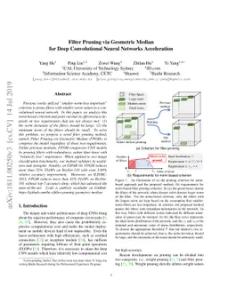 Filter Pruning via Geometric Median for Deep Convolutional Neural
  Networks Acceleration