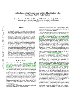 Online Embedding Compression for Text Classification using Low Rank
  Matrix Factorization