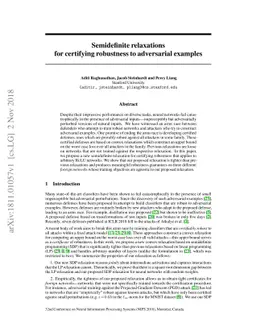 Semidefinite relaxations for certifying robustness to adversarial
  examples