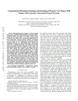 Computational Histological Staining and Destaining of Prostate Core
  Biopsy RGB Images with Generative Adversarial Neural Networks