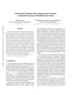 Vision-based Navigation with Language-based Assistance via Imitation
  Learning with Indirect Intervention