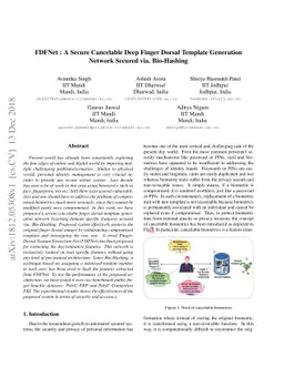 FDFNet : A Secure Cancelable Deep Finger Dorsal Template Generation
  Network Secured via. Bio-Hashing