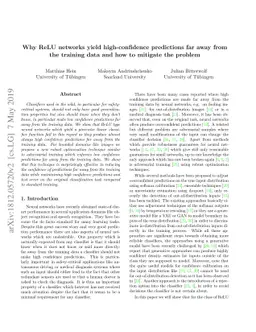 Why ReLU networks yield high-confidence predictions far away from the
  training data and how to mitigate the problem
