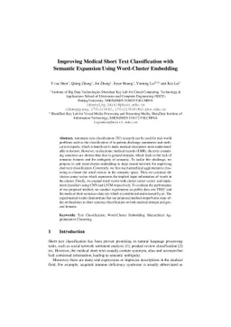 Improving Medical Short Text Classification with Semantic Expansion
  Using Word-Cluster Embedding