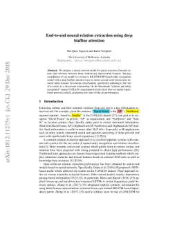 End-to-end neural relation extraction using deep biaffine attention