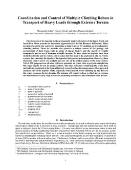 Coordination and Control of Multiple Climbing Robots in Transport of
  Heavy Loads through Extreme Terrain