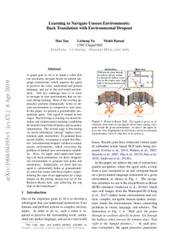 Learning to Navigate Unseen Environments: Back Translation with
  Environmental Dropout
