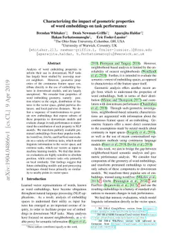 Characterizing the impact of geometric properties of word embeddings on
  task performance
