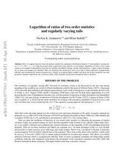 Logarithm of ratios of two order statistics and regularly varying tails