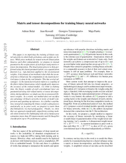 Matrix and tensor decompositions for training binary neural networks