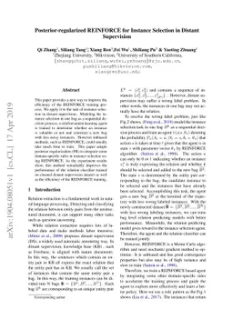 Posterior-regularized REINFORCE for Instance Selection in Distant
  Supervision