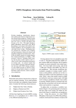 PAWS: Paraphrase Adversaries from Word Scrambling