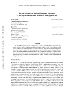Recent Advances in Natural Language Inference: A Survey of Benchmarks,
  Resources, and Approaches