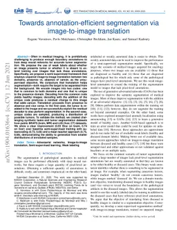 Towards annotation-efficient segmentation via image-to-image translation