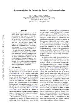 Recommendations for Datasets for Source Code Summarization