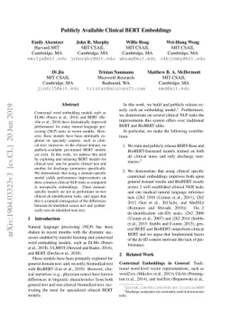 Publicly Available Clinical BERT Embeddings