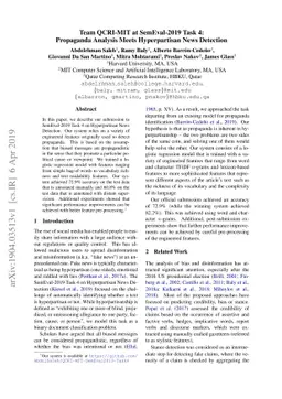 Team QCRI-MIT at SemEval-2019 Task 4: Propaganda Analysis Meets
  Hyperpartisan News Detection