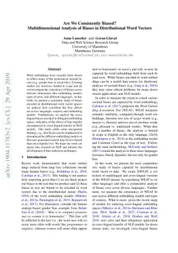 Are We Consistently Biased? Multidimensional Analysis of Biases in
  Distributional Word Vectors
