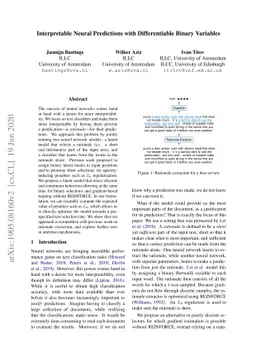 Interpretable Neural Predictions with Differentiable Binary Variables