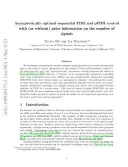 Asymptotically optimal sequential FDR and pFDR control with (or without)
  prior information on the number of signals