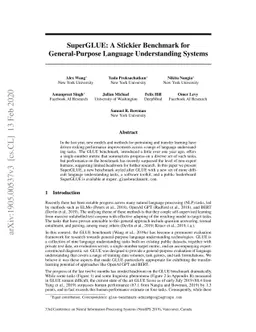 SuperGLUE: A Stickier Benchmark for General-Purpose Language
  Understanding Systems
