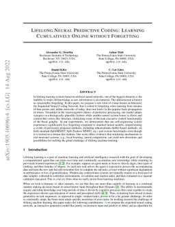 Lifelong Neural Predictive Coding: Learning Cumulatively Online without
  Forgetting