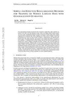 Simple and Effective Regularization Methods for Training on Noisily
  Labeled Data with Generalization Guarantee