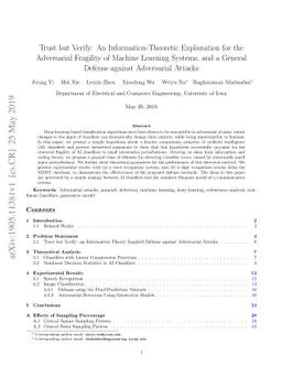 Trust but Verify: An Information-Theoretic Explanation for the
  Adversarial Fragility of Machine Learning Systems, and a General Defense
  against Adversarial Attacks