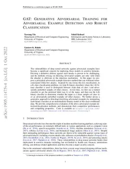 GAT: Generative Adversarial Training for Adversarial Example Detection
  and Robust Classification
