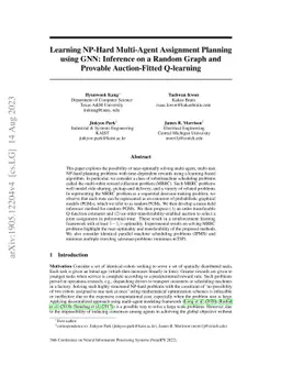 Learning NP-Hard Multi-Agent Assignment Planning using GNN: Inference on
  a Random Graph and Provable Auction-Fitted Q-learning