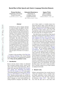 Racial Bias in Hate Speech and Abusive Language Detection Datasets