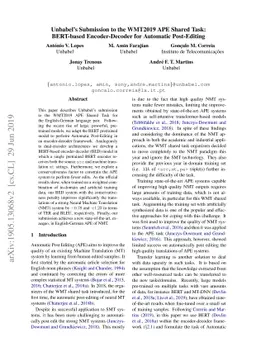 Unbabel's Submission to the WMT2019 APE Shared Task: BERT-based
  Encoder-Decoder for Automatic Post-Editing